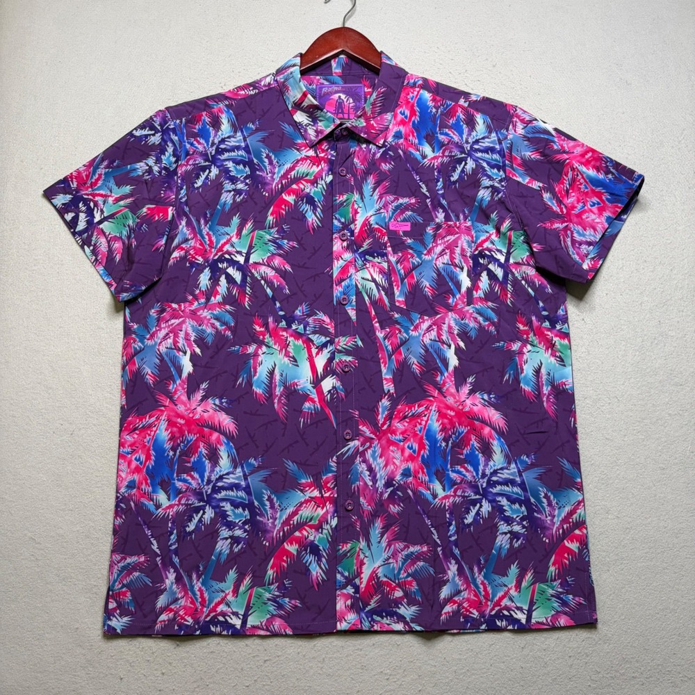 Retro Rifle Button Down Shirt Mens 2XL AKs and Vacays Tropical Palm Stretch